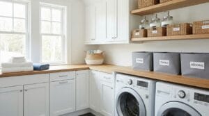 Organized laundry room with labeled bins, shelves, and folded laundry