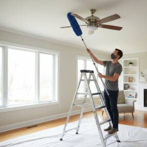 “Person cleaning ceiling fan blades without dust falling”