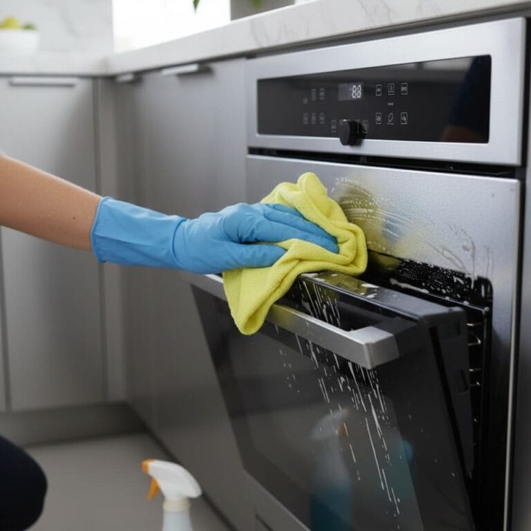 “Person wiping down stainless steel oven door with microfiber cloth”