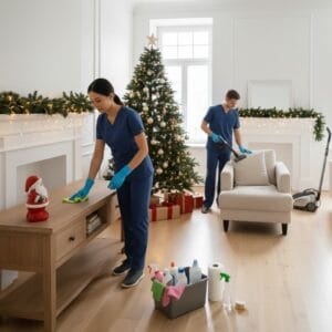 Professional Christmas cleaning service — cleaners preparing a home for the holidays