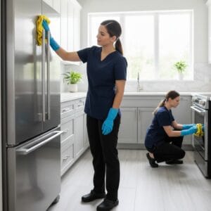 “Professional cleaner polishing stainless steel kitchen appliances”