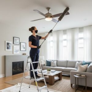 Professional house cleaner dusting ceiling fan