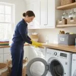 Professional house cleaning service in a laundry room, wiping surfaces and appliances