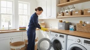 Professional house cleaning service in a laundry room, wiping surfaces and appliances