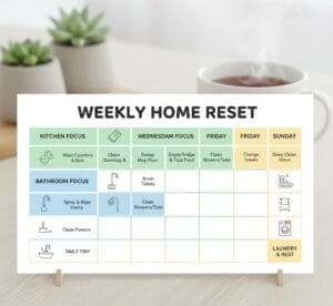 Weekly cleaning schedule for bathrooms and kitchen