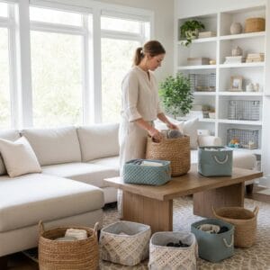“Woman organizing living room clutter into labeled baskets”