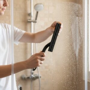 person using squeegee for shower glass cleaning