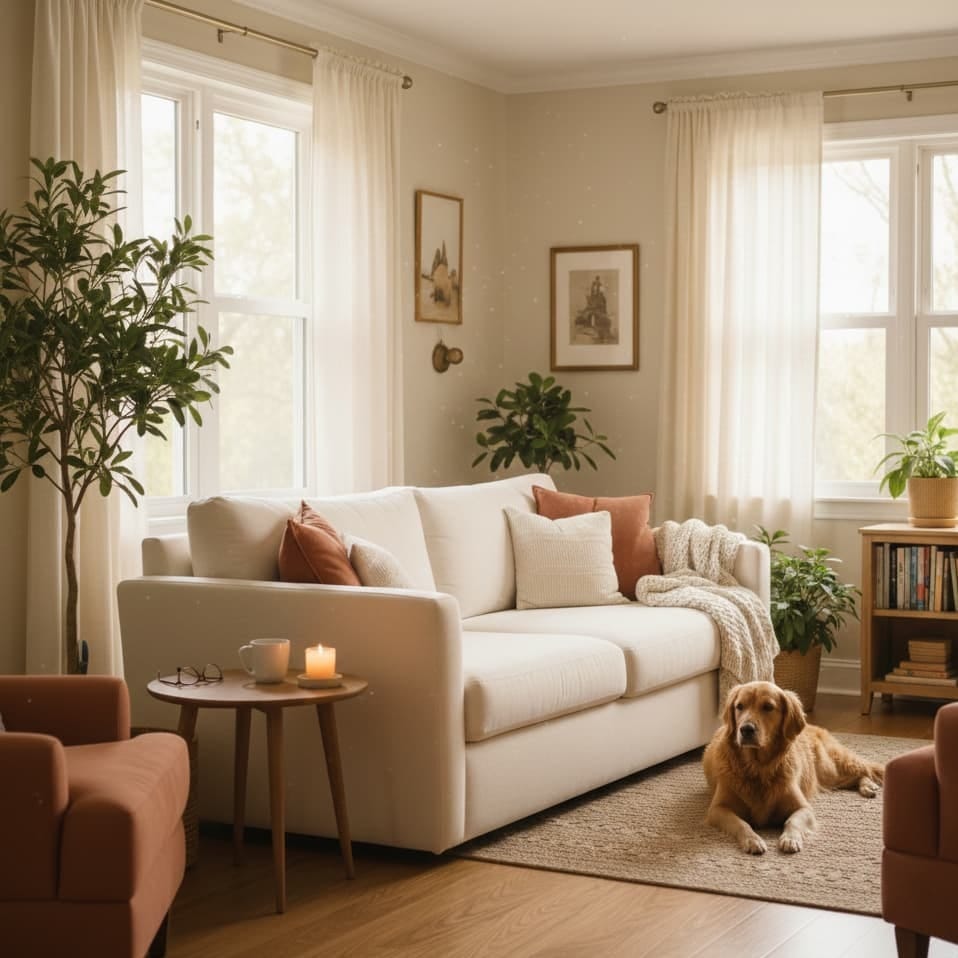 Clean, cozy living room with natural light and a dog resting on the floor after a professional home cleaning.