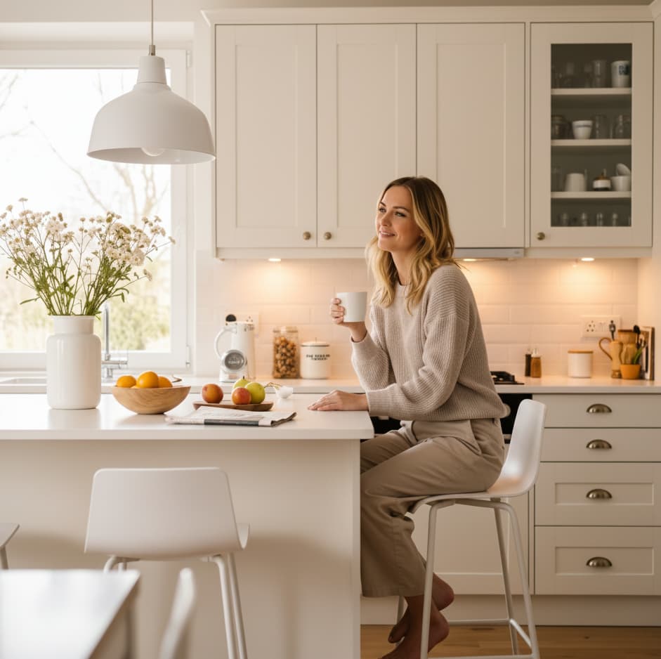 Woman enjoying coffee in a bright, spotless Boca Raton kitchen after professional house cleaning.
