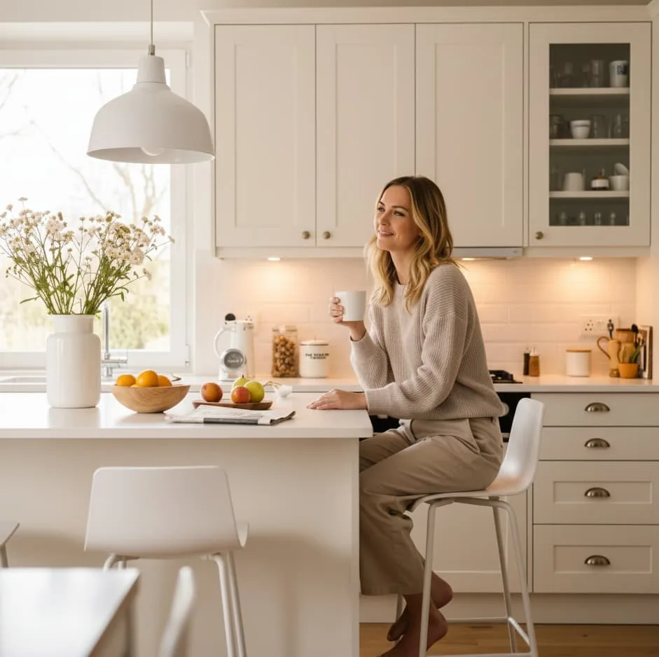 Woman enjoying coffee in a bright, spotless Boca Raton kitchen after professional house cleaning.