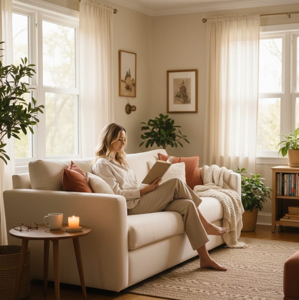 Person relaxing on a sofa reading a book in a bright, clean living room after professional house cleaning.