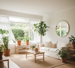 Clean and organized home interior with open windows and natural light