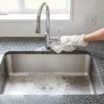 Cleaning sink faucet and drain using vinegar cloth