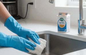 Cleaning stainless steel kitchen sink with sponge and baking soda