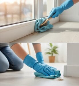 Cleaning window tracks and baseboards during deep cleaning