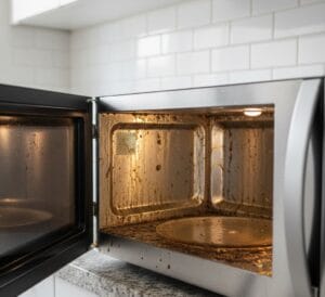 Dirty microwave interior before cleaning