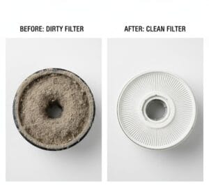 Dirty vacuum filter and clean filter comparison side-by-side
