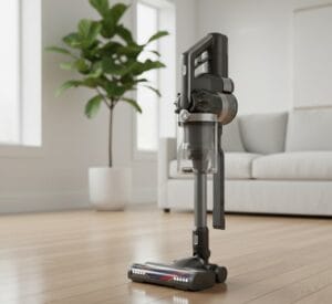 Modern cordless vacuum cleaner on clean hardwood floor