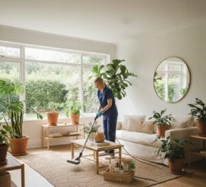 Professional cleaner vacuuming carpet in modern home