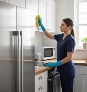 Professional house cleaner cleaning kitchen appliances