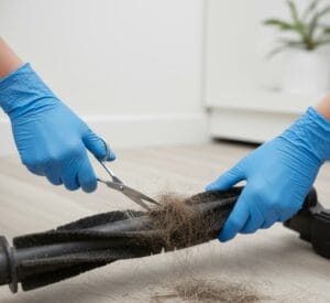 Removing tangled hair from vacuum brush roller with scissors