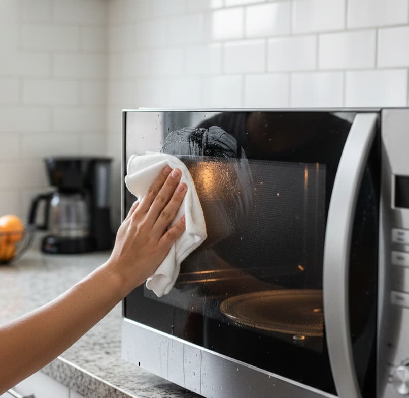 Wiping microwave door with vinegar solution and microfiber cloth