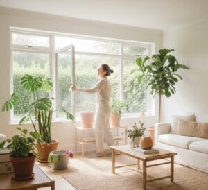 Woman opening windows while doing deep spring cleaning