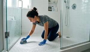 Cleaning bathroom tiles and grout with scrub brush and spray bottle