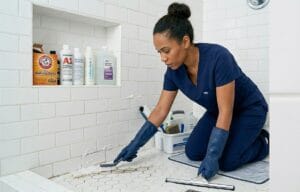Professional house cleaner scrubbing bathroom tiles during deep cleaning service