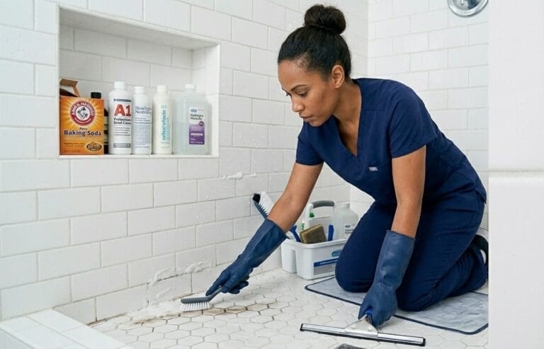 Professional house cleaner scrubbing bathroom tiles during deep cleaning service