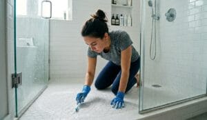 Using toothbrush to scrub grout lines during tile cleaning