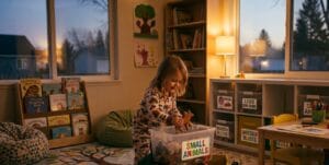 “Child putting toys into bin during daily cleanup routine”