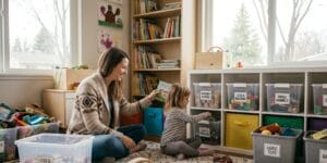 “Cube shelf and storage bins neatly organizing kids’ toys and books”