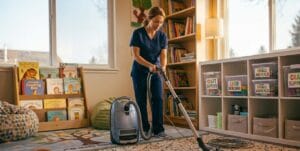“Excellence Maids cleaner helping organize children’s playroom”