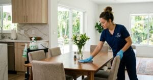 Excellence Maids cleaner wiping dining table with cleaning cloth