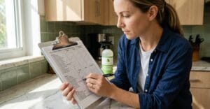 Homeowner reviewing cleaning company checklist and schedule