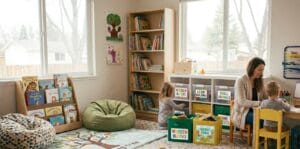 “Kids’ room divided into toy, reading, and art play zones”