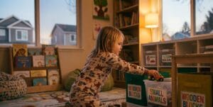 “Low toy storage shelves accessible for young children”