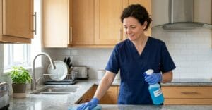 Maid service cleaning kitchen counters and wiping surfaces
