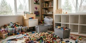 “Messy kids’ bedroom floor covered with toys before organizing”