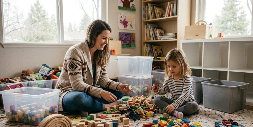 “Parent and child sorting toys into keep and donate piles”
