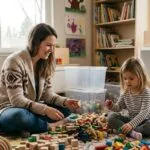 “Parent and child sorting toys into keep and donate piles”