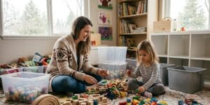 “Parent and child sorting toys into keep and donate piles”