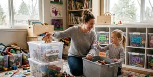 “Parent organizing children’s toys in labeled storage bins”