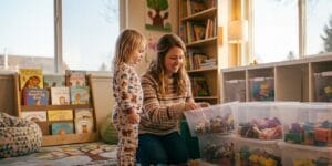 “Parent rotating and organizing kids’ toys into seasonal storage bins”