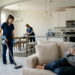 Person relaxing at home while professional cleaners work