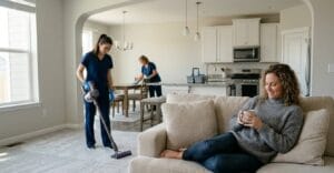 Person relaxing at home while professional cleaners work