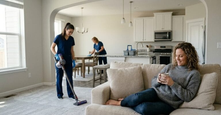 Person relaxing at home while professional cleaners work
