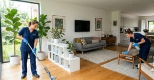 Professional cleaning team working in modern home living room