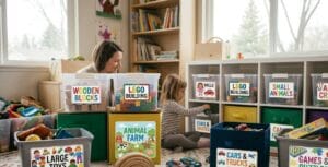 “Toy storage bins with picture and word labels for easy cleanup”